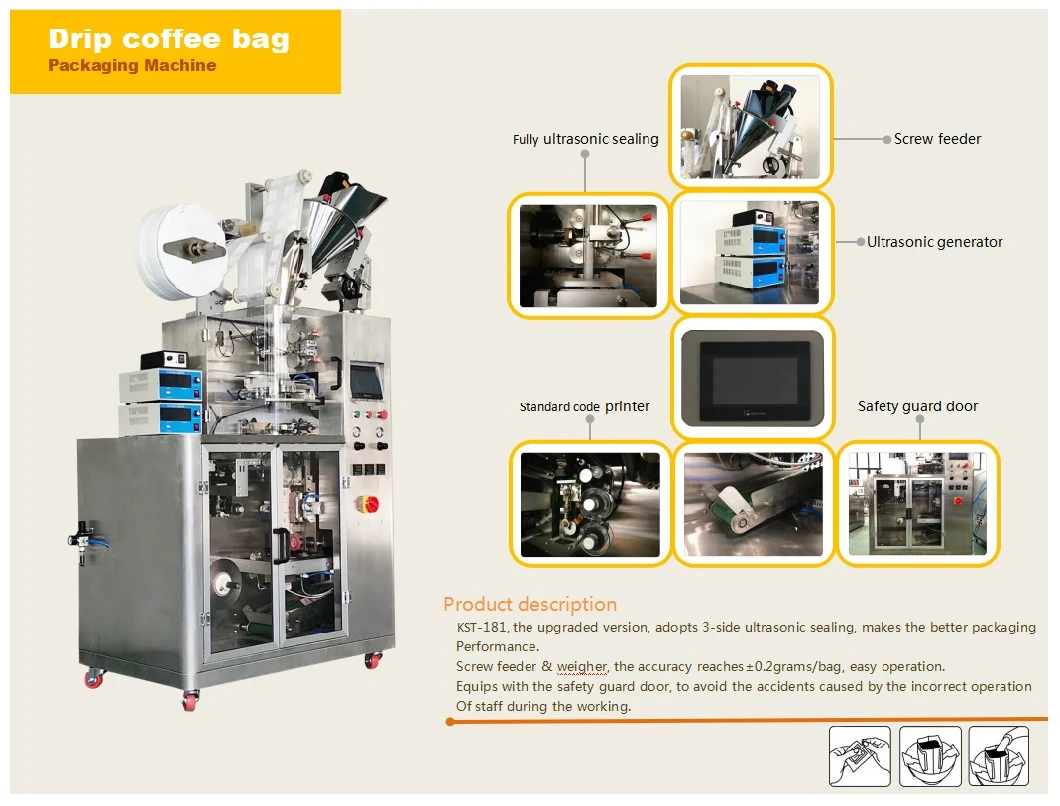 Kst-182 Factory Price Automatic Ultraonic Sealing Drip Filter Coffee Powder Bag Filling Packaging Food Tea Bag Vertical Packing Machine with Envelope